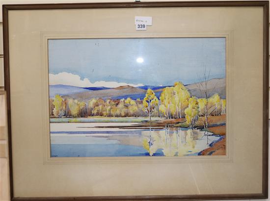 Mary G. Sym, watercolour, October Dinnet Loch, Royal Scottish Society of Painters Exhibition label verso 36 x 53cm